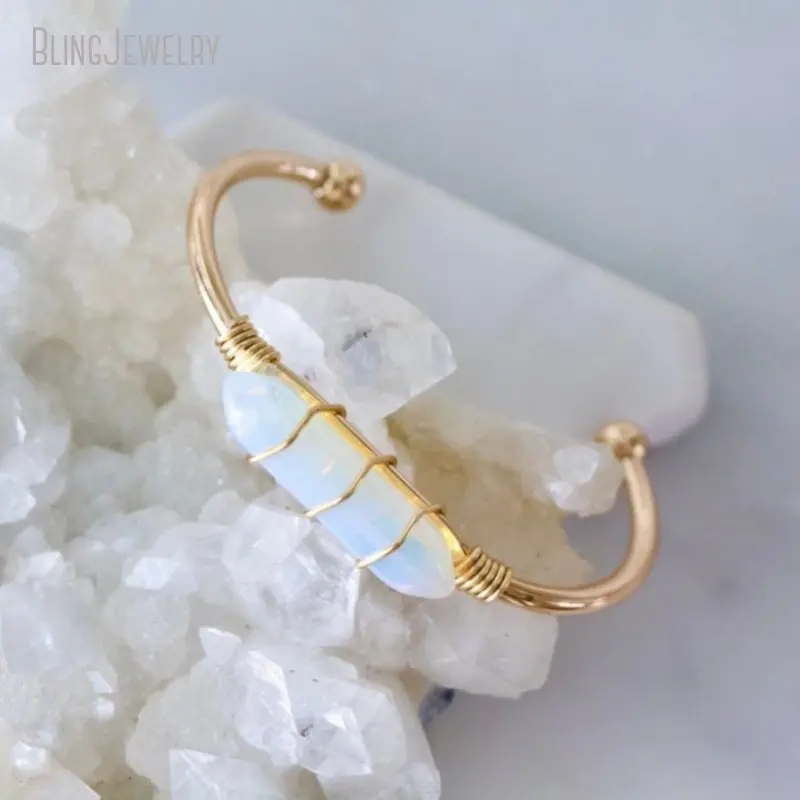 Opalite Point Wire Wrapped Bangle Bracelet Women Opals Cuff Healing Natural Stone Boho Handmade Jewelry Accessories