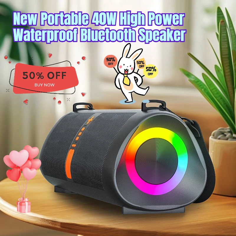 

New Portable 40W High Power Waterproof Bluetooth Speaker with Outdoor Strap and Heavy Bass Square Sound System