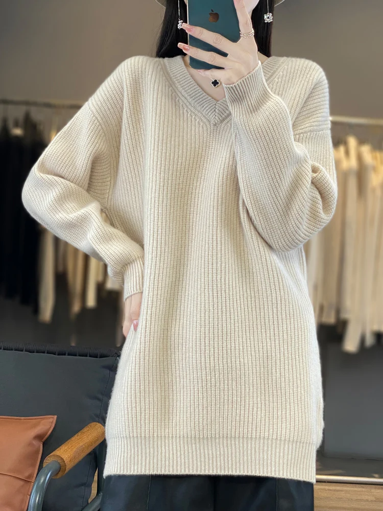 Women's 100% Merino Wool Sweater, V-Neck Pullover, Long Length,Large Size, Knitted, Fall, Winter, Thick Warm Top, Casual Fashion