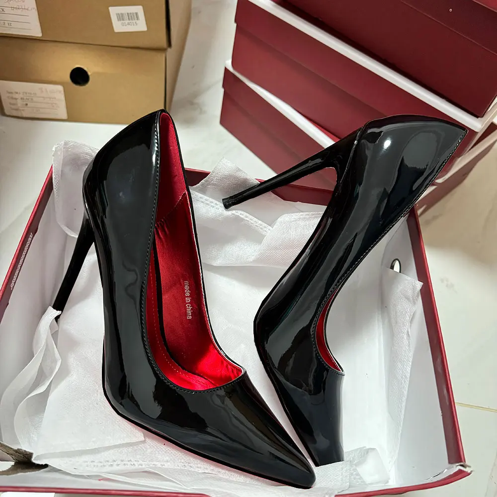 Newly 12cm Women Sexy Glossy Black Patent Pumps Shallow Stilettos Elegant Slip On High Heels Pointed Toe Party Woman Dress Shoes