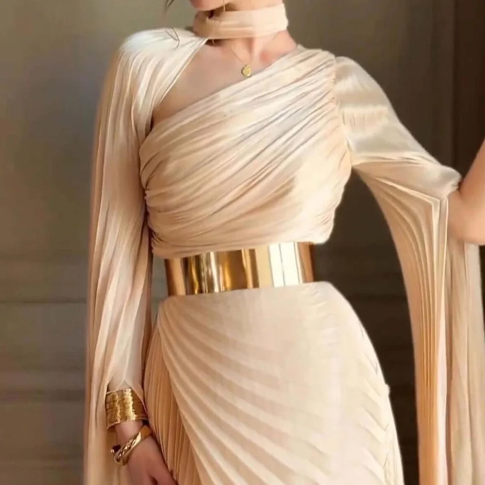 High Quality Belt Evening Dress Formal V-Neck Floor Length A-Line Long Sleeves Party Gowns Saudi Arabia 2024 Custom Size