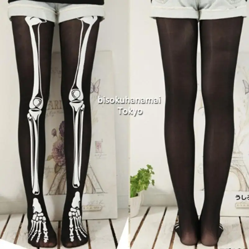 

N7YF Skeleton Bone Printed Halloween Leggings for Women Japanese Harajuku Tights Pantyhose Cosplay Costume Accessories