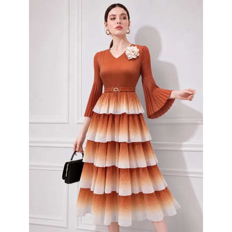 Gradient Ulti-Layered Cake Pleated Dress for Women V Flared Sleeves Vacation Long Fairy Dresses Miyake Holiday Women Clothes