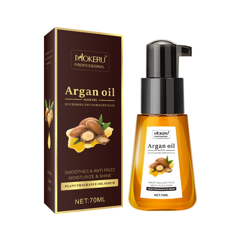 Mokeru-aceite de argán para mujer, esencia Herbal, reparador del cabello, aceite brillante sedoso para cabello largo, 70ml