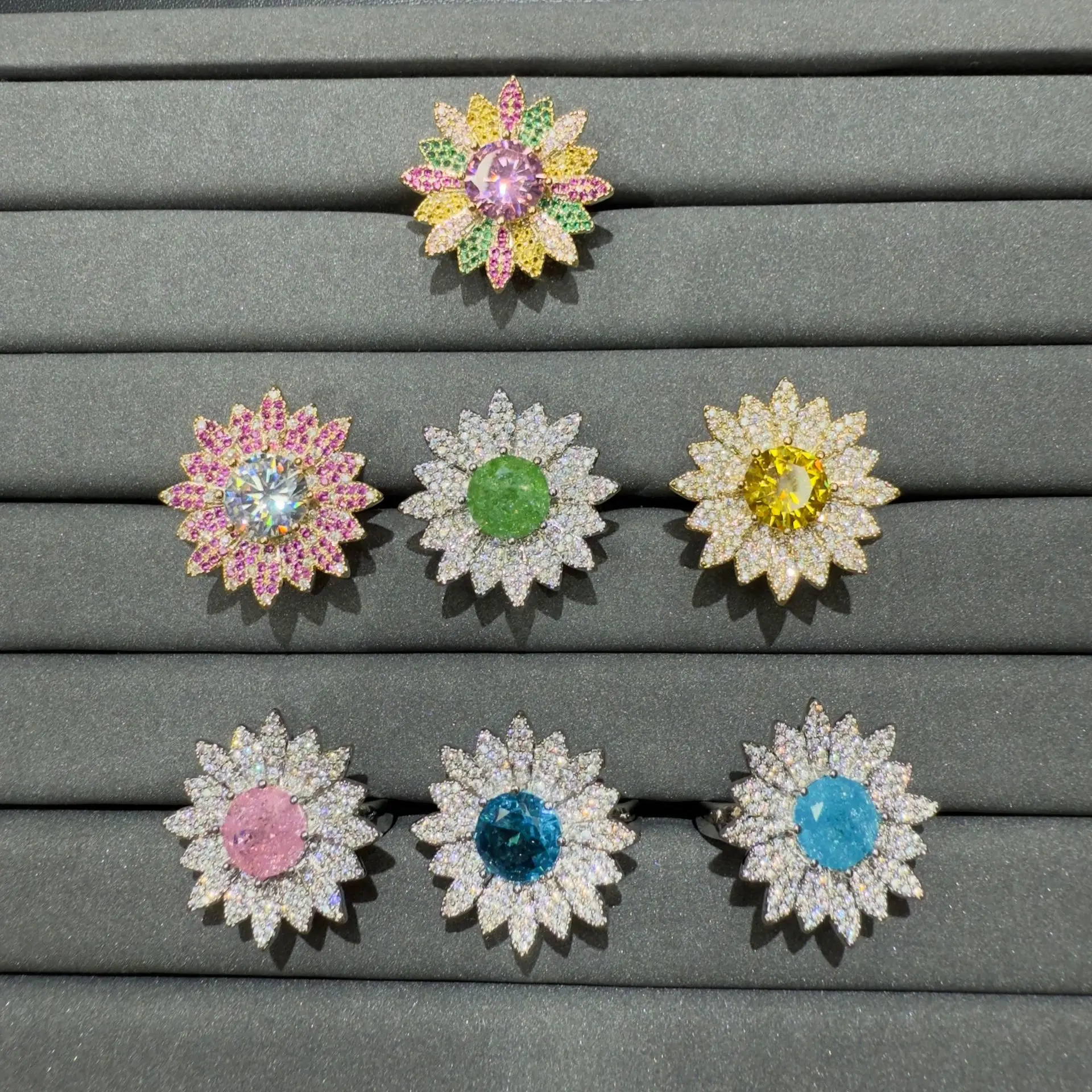 

fashion cubic zirconia ring for women shiny jewelry gala event dinner party 7 colors flower adjustable ring yellow blue pink