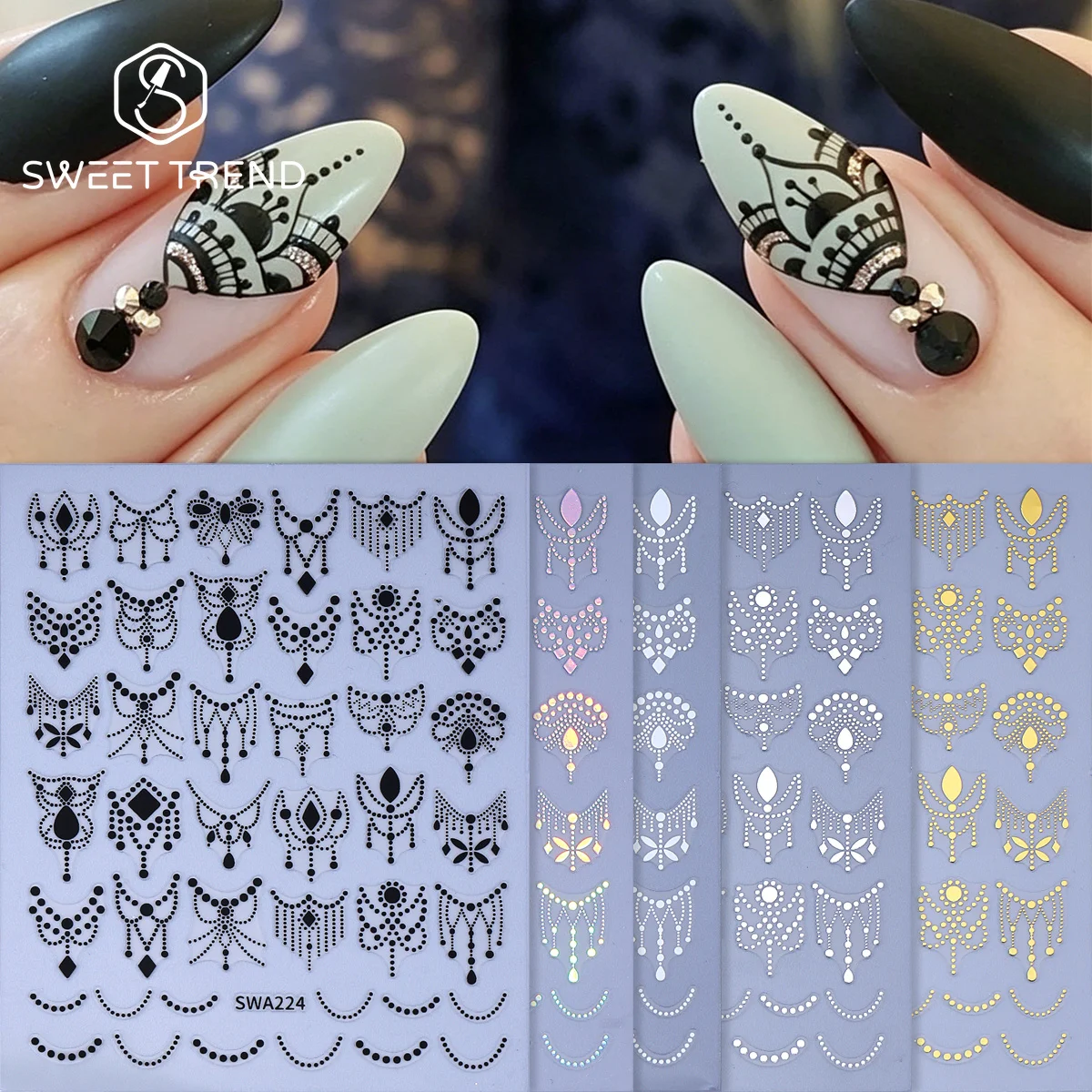 4/5pcs Retro Pearl Lace Chain Nail Stickers Mandala Laser Silver Gold Adhesive Decals Flowers French Tassel DIY Manicure Sliders
