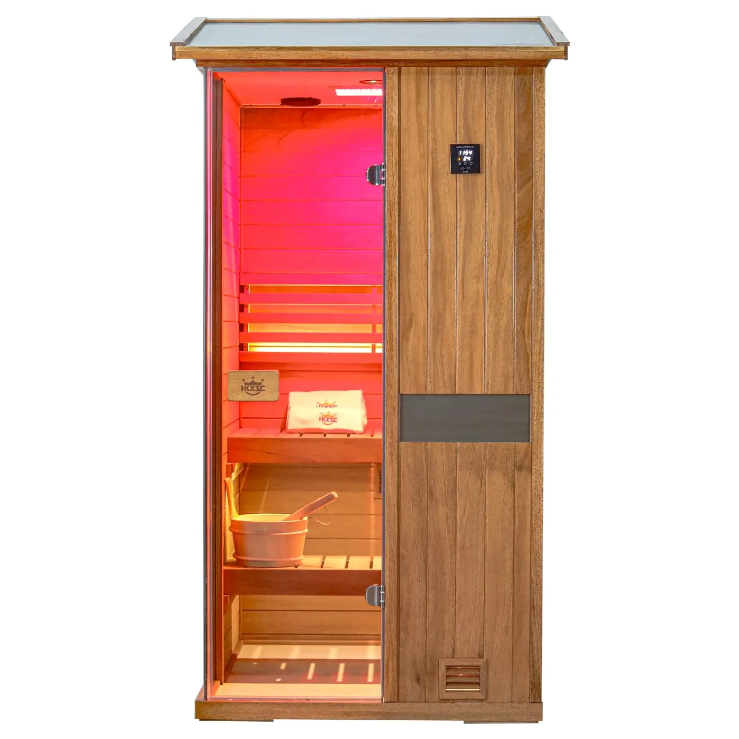 Outdoor Sauna 1 Person, African Mahogany Wood Steam Sauna Room with Negative ions＆red Light Therapy for Backyard,, Customized