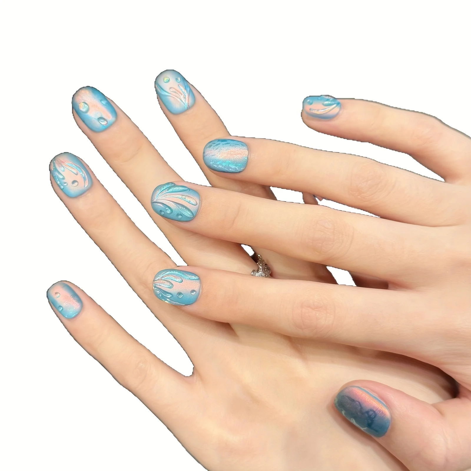 10枚入り ハンドメイド つけ爪 マーメイドティアーズ マジックオーロラ キャッツアイ フルカバーネイル 女性＆女の子向け 取り外し可能 ウェアラブルネイル