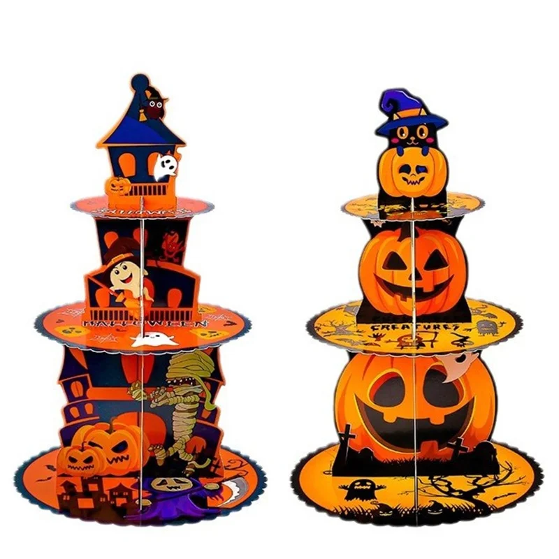 Halloween Pumpkin Multi-tier Cake Stand Decoration 3D Paper Cake Tray Party Christmas Treats Setting Cake Tools