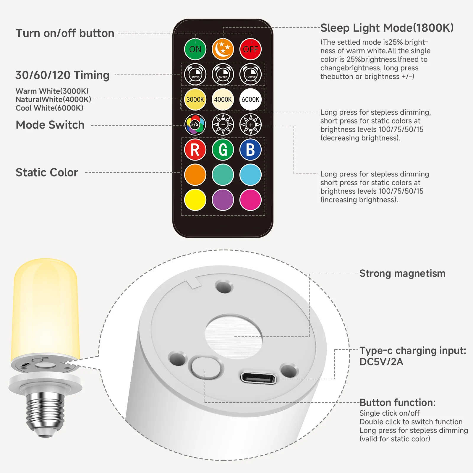 Rechargeable light bulb, 360 ° adjustable ambient light, RGB mode suitable for bedrooms, multi-color smart bedside table light