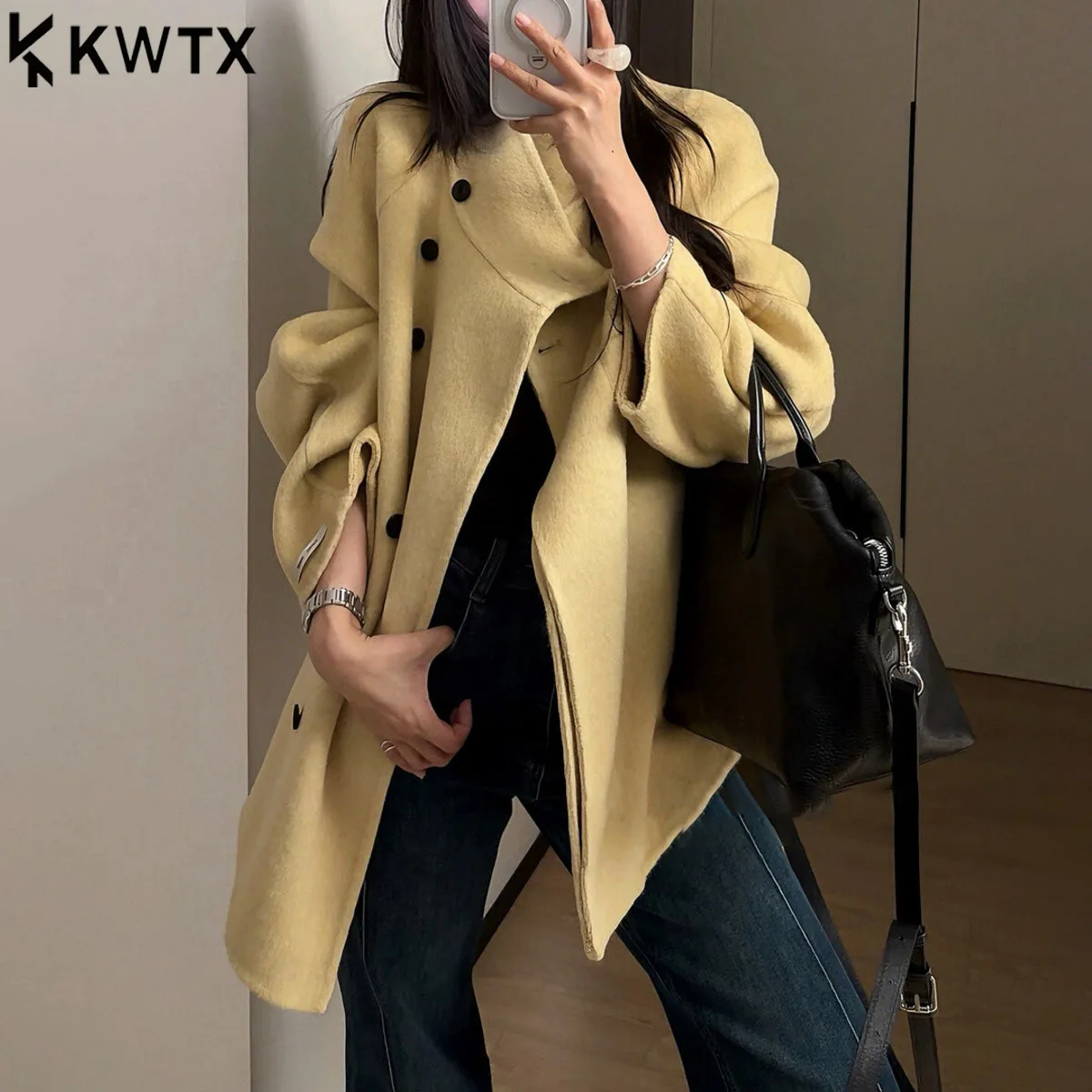 

KWTX 2025 новое женское двустороннее шерстяное пальто, зима-осень, однотонное однобортное винтажное элегантное пальто с поясом и воротником-стойкой
