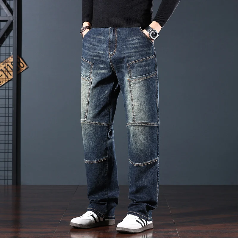 Men's multi-pocket cargo jeans Loose blue straight large size denim trousers for men Large size 28-44
