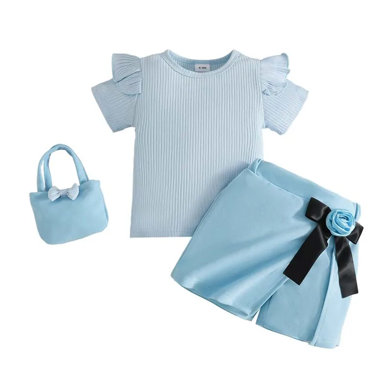 

Одежда для маленьких девочек 1–3 лет, комплект из 3 предметов, летний модный комплект с короткими рукавами, топ в полоску и юбка-брюки с сумкой, наряды для маленьких девочек