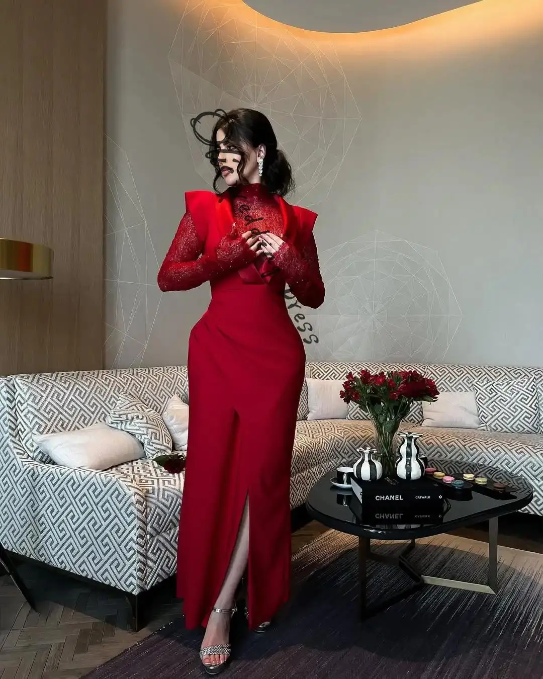 

customized Mermaid Long Sleeves Prom Dresses High Neck Beadings Floor Length Evening Dresses Vestidos De Noche Party Dresses