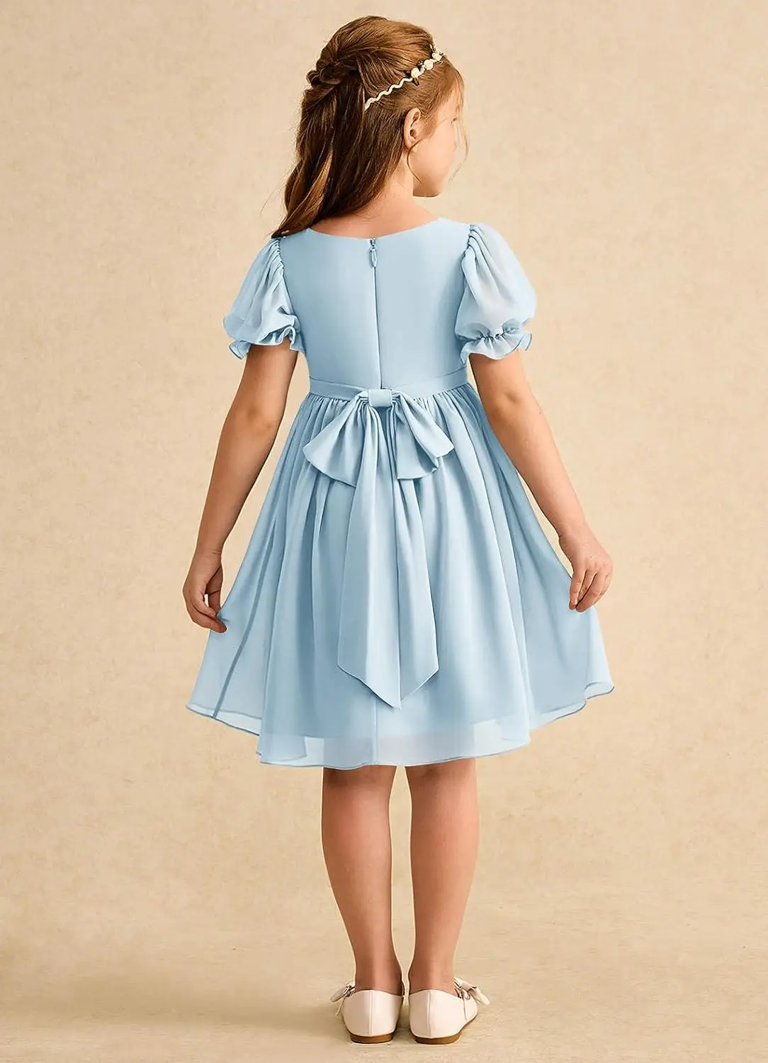 فستان وصيفة العروس للفتيات لحفلات الزفاف من الشيفون بأكمام قصيرة منتفخة فساتين فتاة الزهور للمراهقين مع فستان الأميرة للحفلات من الخلف