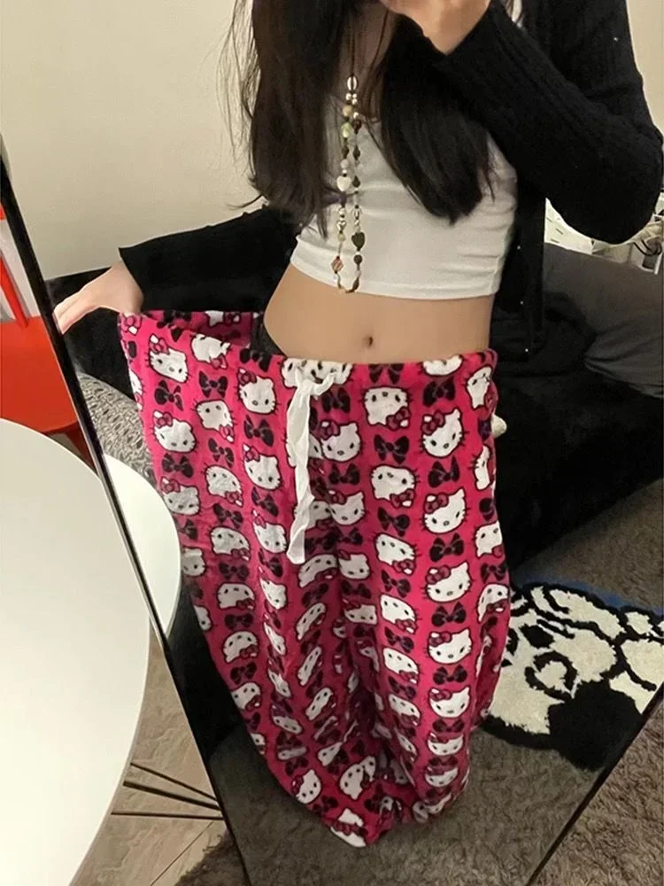 Novo sanrio dos desenhos animados coral velo calças de pijama halloween olá kitty feminino casual casa calças macias kawaii roupas da menina presente