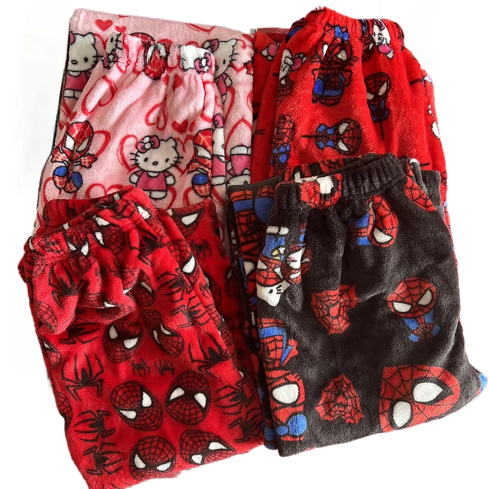 2024 Nieuwe Spider Man Slapen Broek Anime Hello Kitty Pyjamabroek Flanel Zachte Casual Broek Cartoon Thuis Broek Paar Geschenken