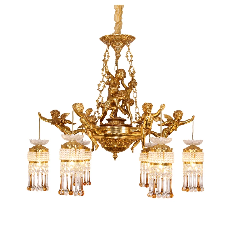 K9 Crystal Decorative Pendant Light Hand-Carved Cupid Gold Luxury Brass Chandeliers