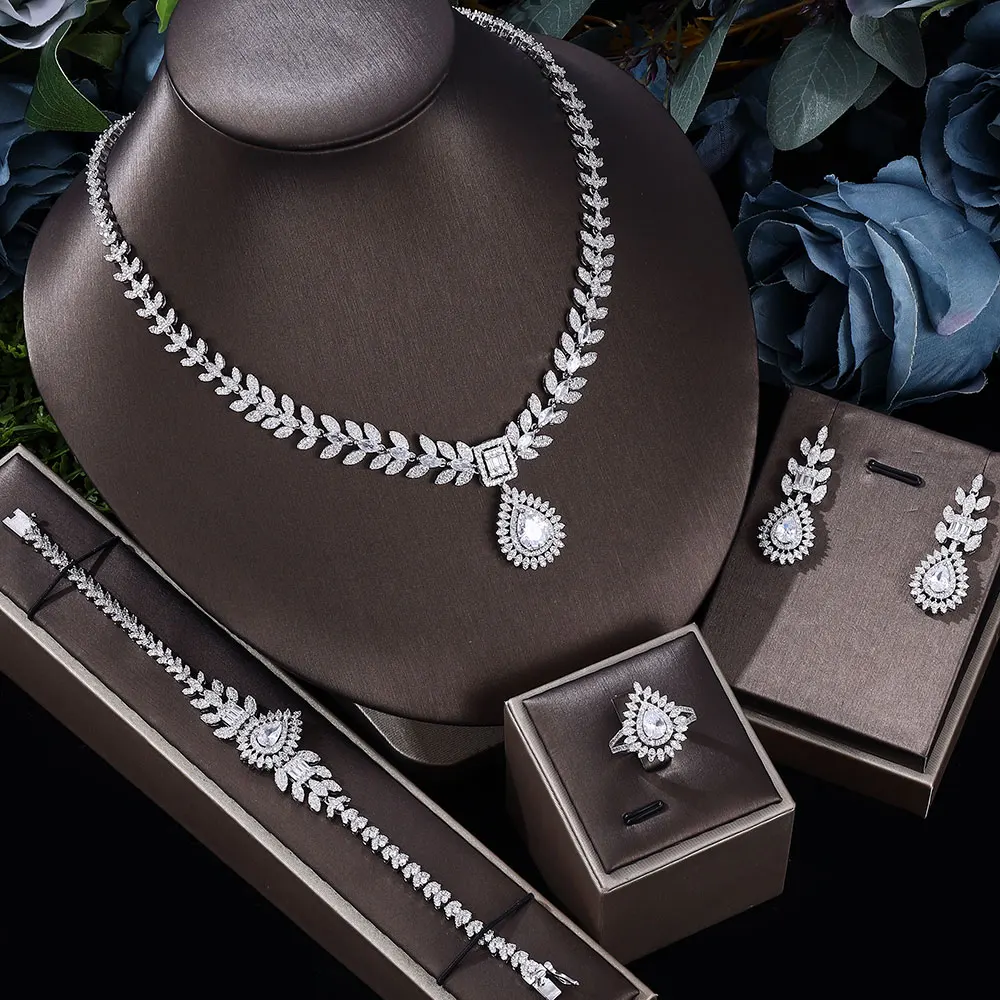 

HIBRIDE New simple leaf sliver color necklace earrings bracelet women's light luxury jewelry set wedding party gift S-1005