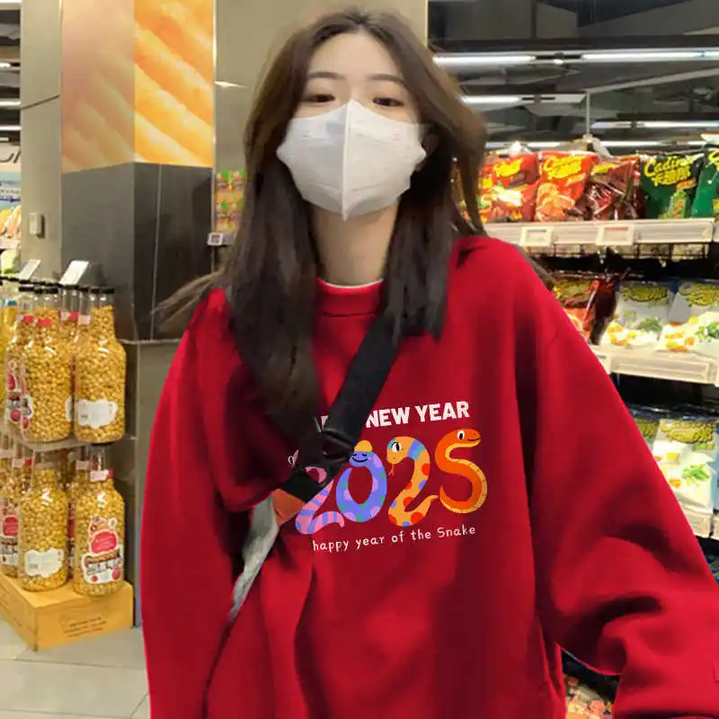 

Красная толстовка с круглым вырезом на флисовой подкладке для женщин, модный зимний топ в корейском стиле, коллекция «Год Змеи»