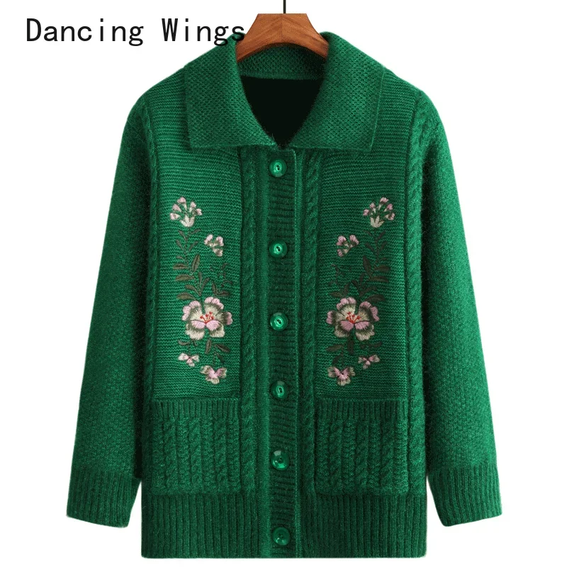 

New 2024 Autumn Winter Women Cardigan Fashion Casual Flower Embroidery Middle-aged Women Sweaters Women Coats