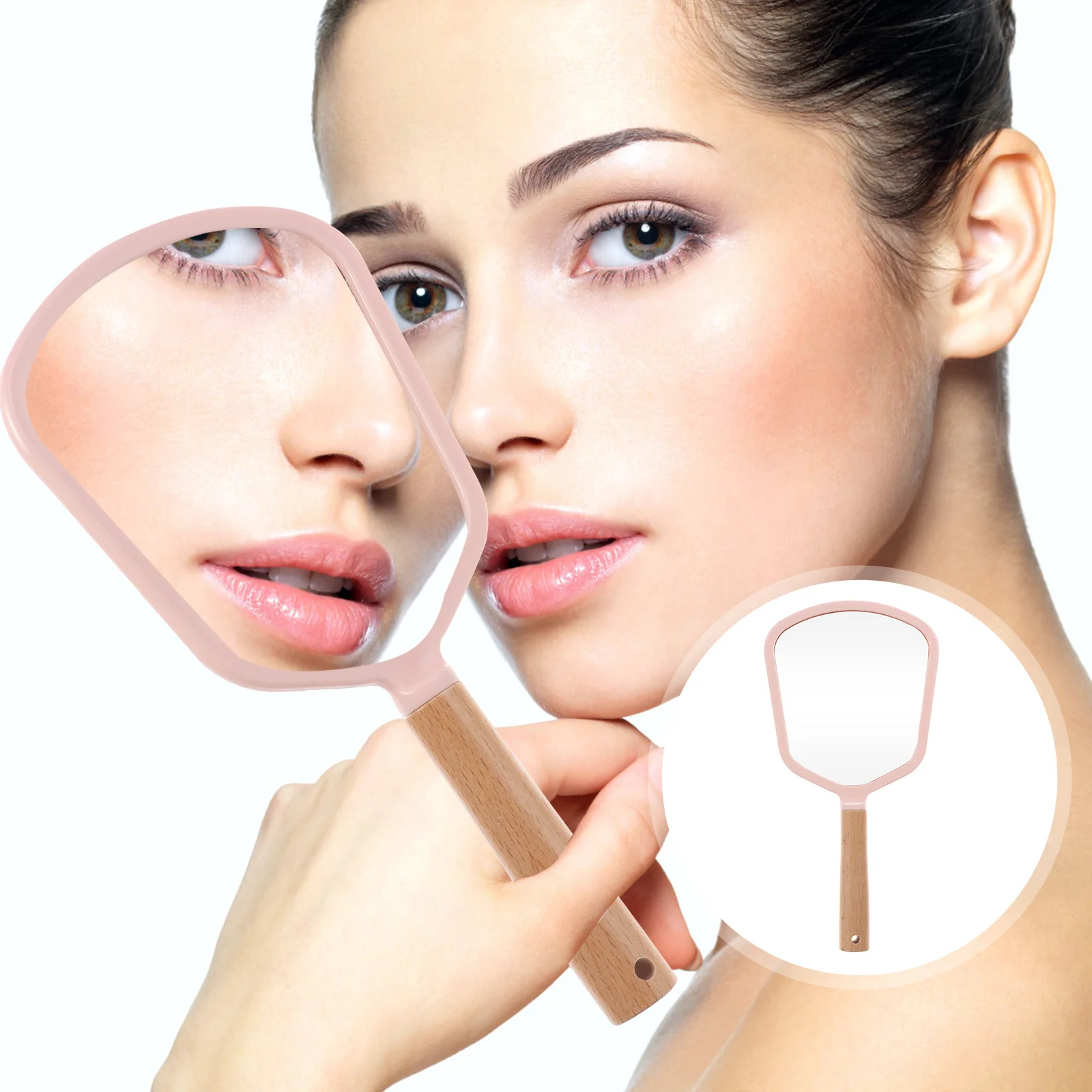 

1Pcs Portable Handheld Makeup Mirror Solid Wood Handle High Definition Mirror Daily Travel Makeup