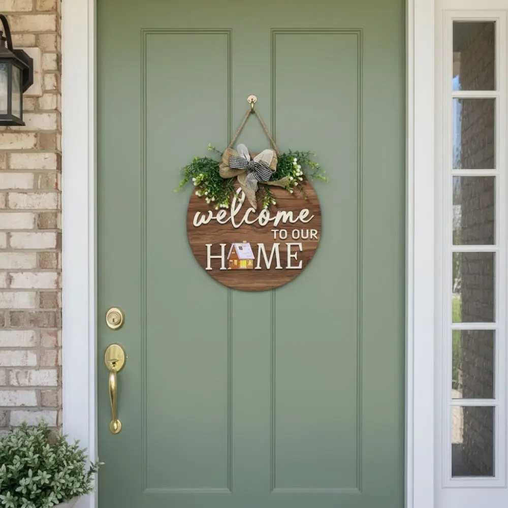 New 2D Flat 2D Round Welcome Sign Retro Style Warm Home Round Doorplate Hanging Plaque Front Door Decor