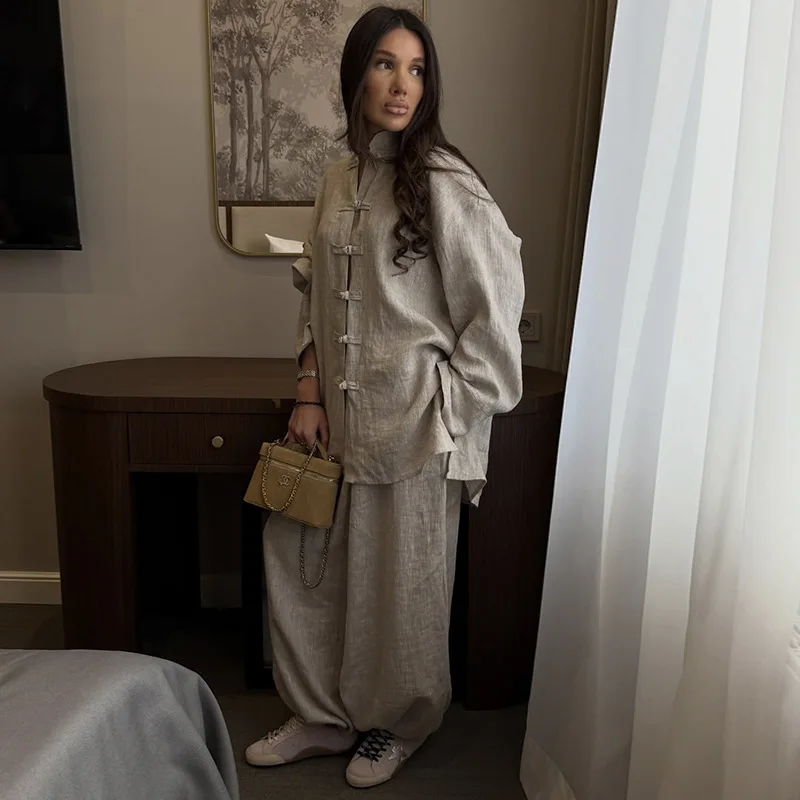 

New Loose Casual Button Short Top+Wide Leg Pant Loose Fit Loungewear Suit Workwear Outfit Women's Linen Two-Piece Pants Set