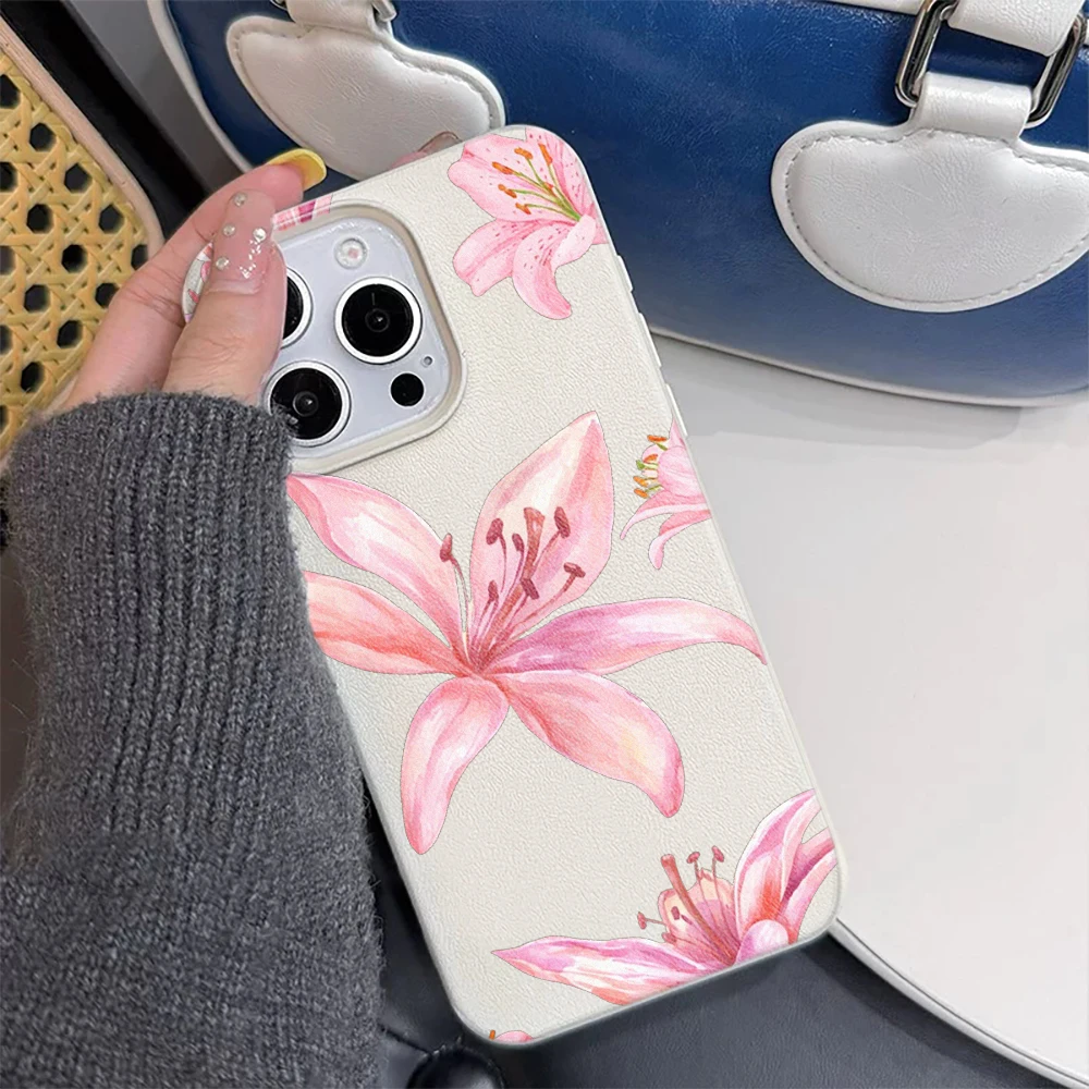 Pink Lily Floral Print Beige Matte Phone Case For Samsung A15 A16 A17 126 A34 A35 A53 A54 A55 S23 S24 S25 S26 Ultra  Cover