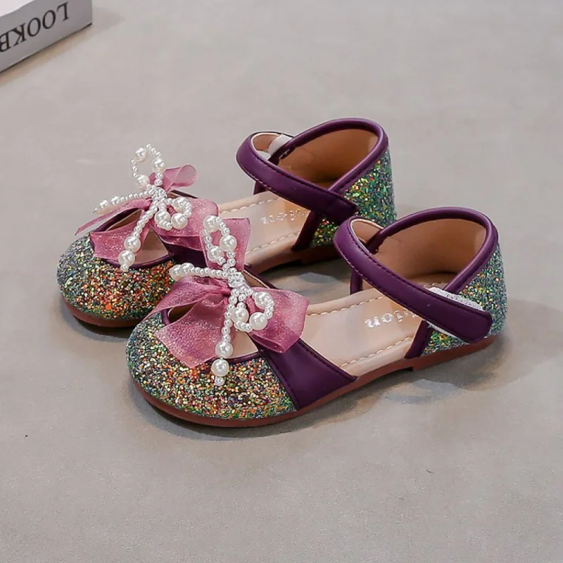 

PU Leather Princess Shoes For Girls Luxury Pearl Sesuins Girl's Party Shoes Anti-slippery Trend Fashion Perform Dance Footwear