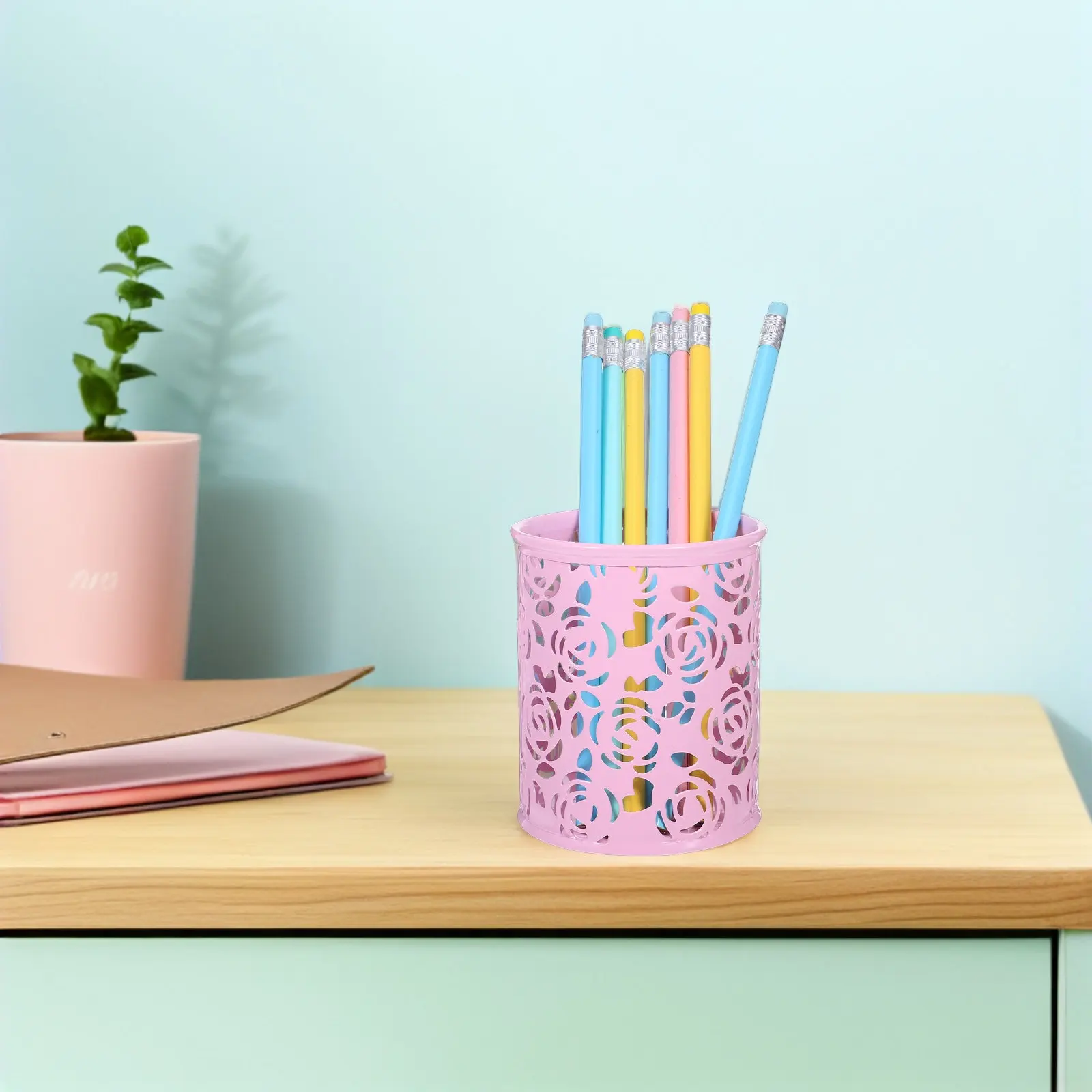 Rose Flower Pattern Metal Pen Container Pencil Holder Desk Organizer for School Office Home Use Sturdy Lightweight Decorative