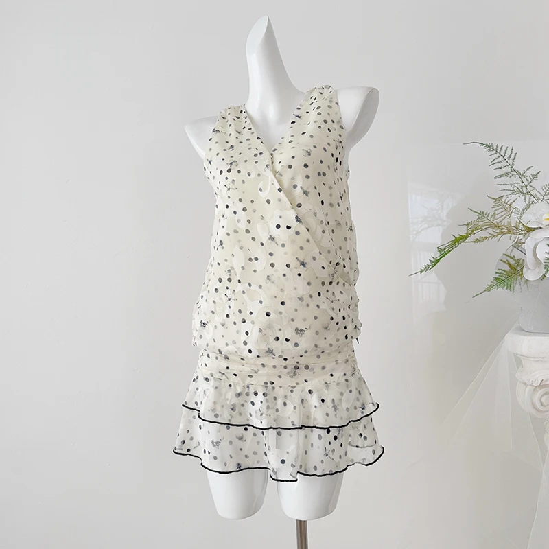 

Skirts Sets Two-piece Summer New Style Women Polka Dot Sleevless Vest Tops Korean Fashoin Zipper Short Mini Skirt Women Outfits