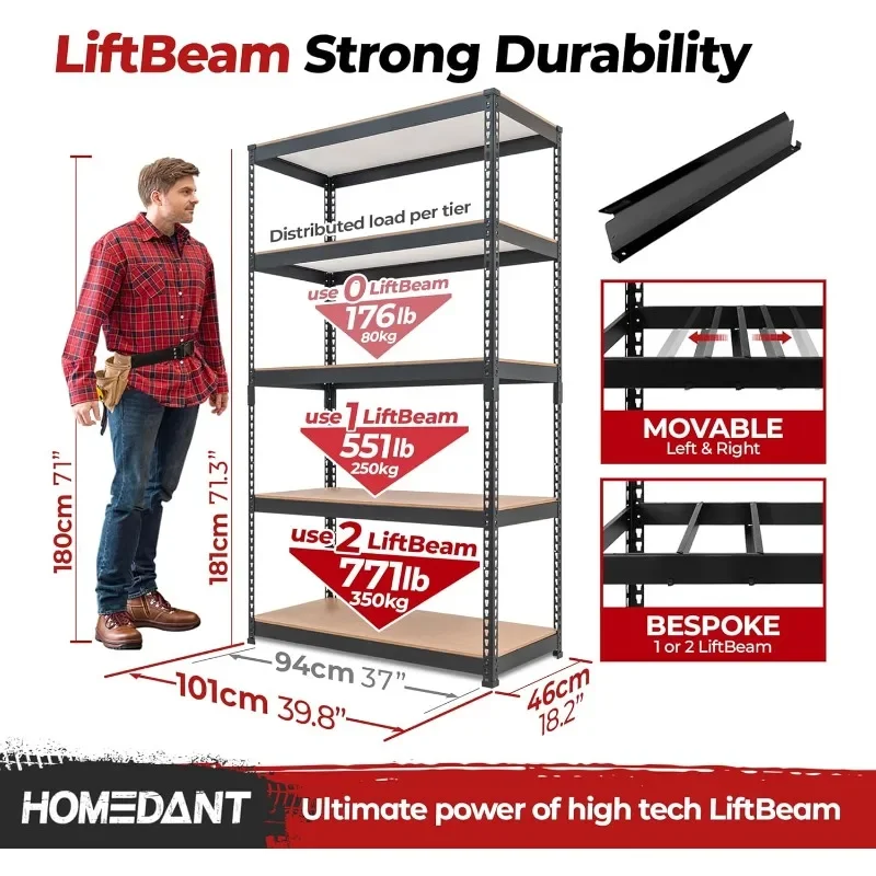 HOMEDANT 5-Tier Laminated Boltless Heavy Duty Metal Shelving Unit Adjustable Garage Storage Utility Rack Shelves