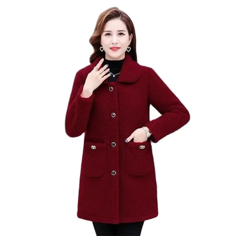 

Winter Mid-Long Woolen Jacket Women New Loose Granular Velvet Coat Fashion Lapel Outerwear Pure Colour Thicken Overcoat Female