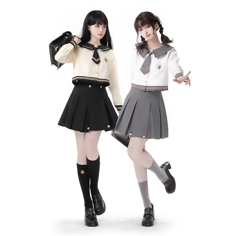 

Jk Uniform Japanese Campus Style Long Sleeve Gray Pink Yellow Sailor Uniform Skirt Sailor Collar Set Daily Girl Sweet Kawaii