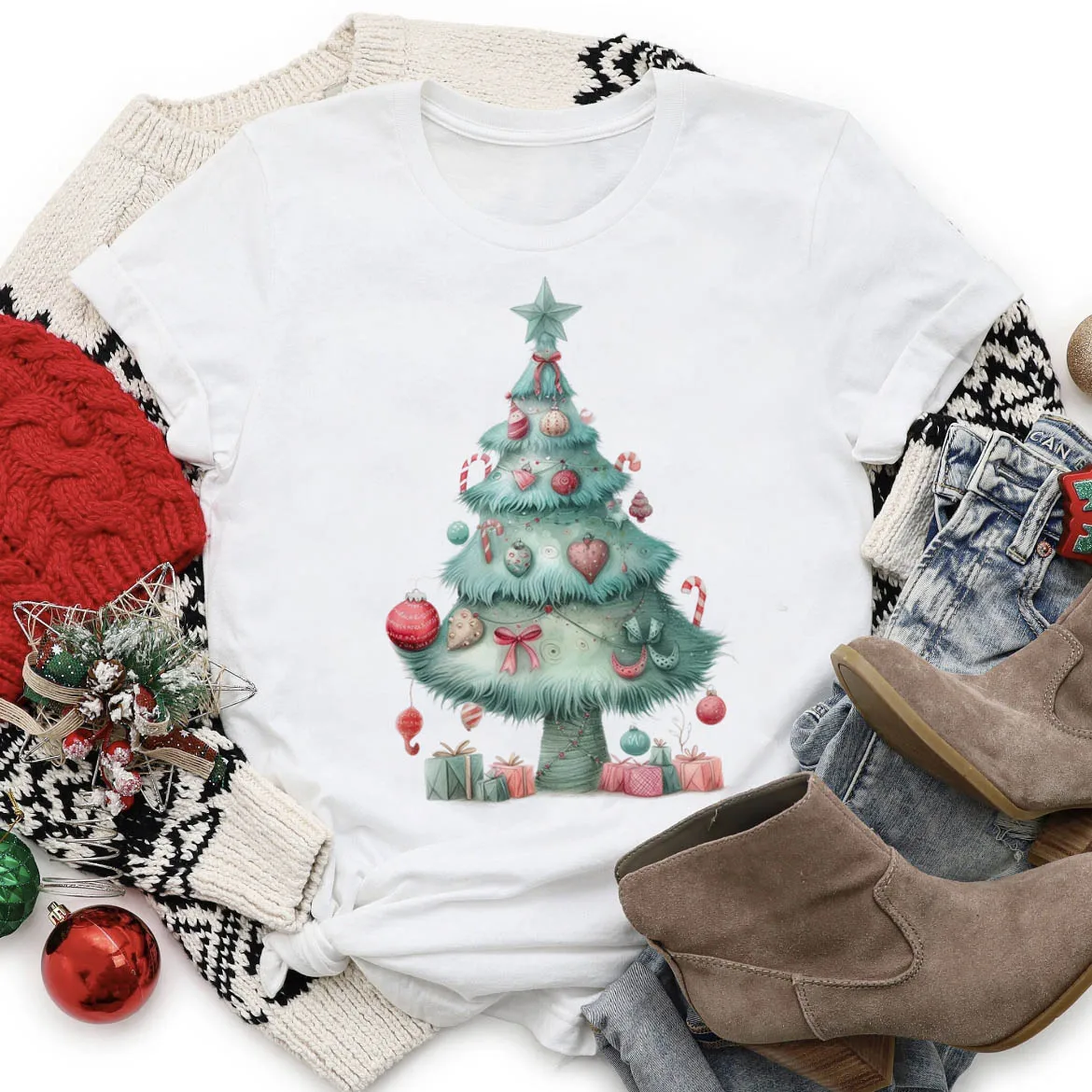 Senhoras árvore de natal padrão impresso branco topo roupas casuais estilo aquarela 90s moda manga curta doce o-pescoço camiseta