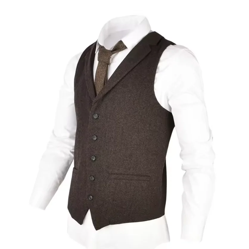 

Vest for Men Premium Wool Blend Tweed Suit Single Breasted Herringbone Slim Fit Waistcoat Coffee Brown