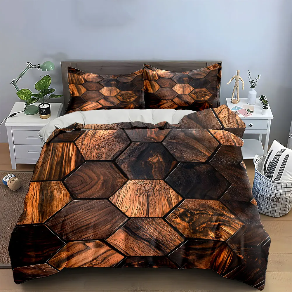 3-teiliges Bettwäsche-Set aus Holz mit Sechseckmuster, brauner Bettbezug mit geometrischem Holzmusterdruck + 2 Kissenbezüge, rustikaler Naturstil für Schlafzimmer