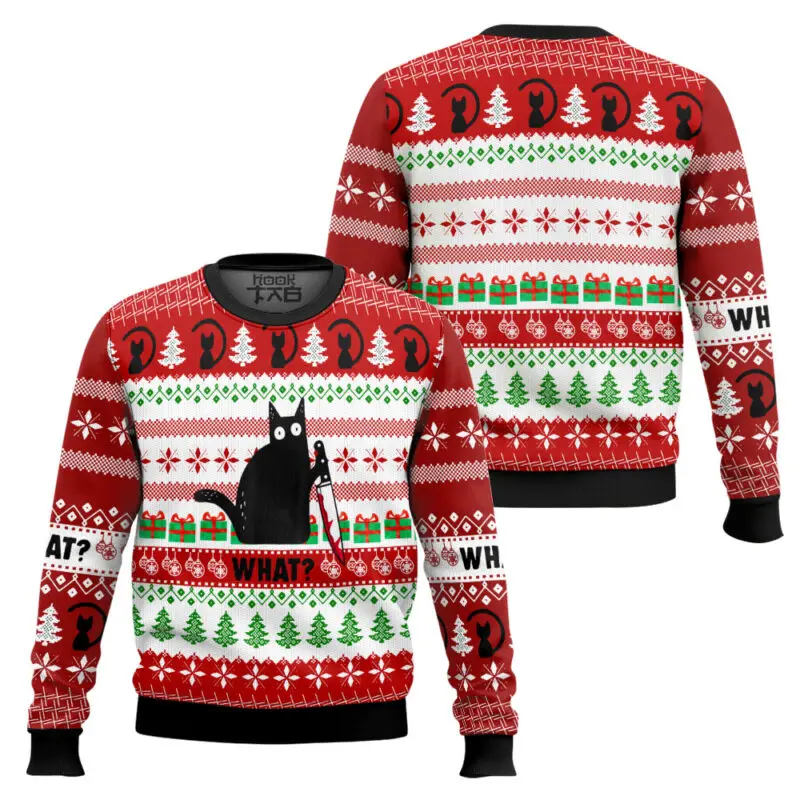 

What Funny Black Cat Ugly Christmas Sweater Funny Holiday Party Pullover Warm Cozy Oversize Sweater for Men Women Xmas Gift 2026