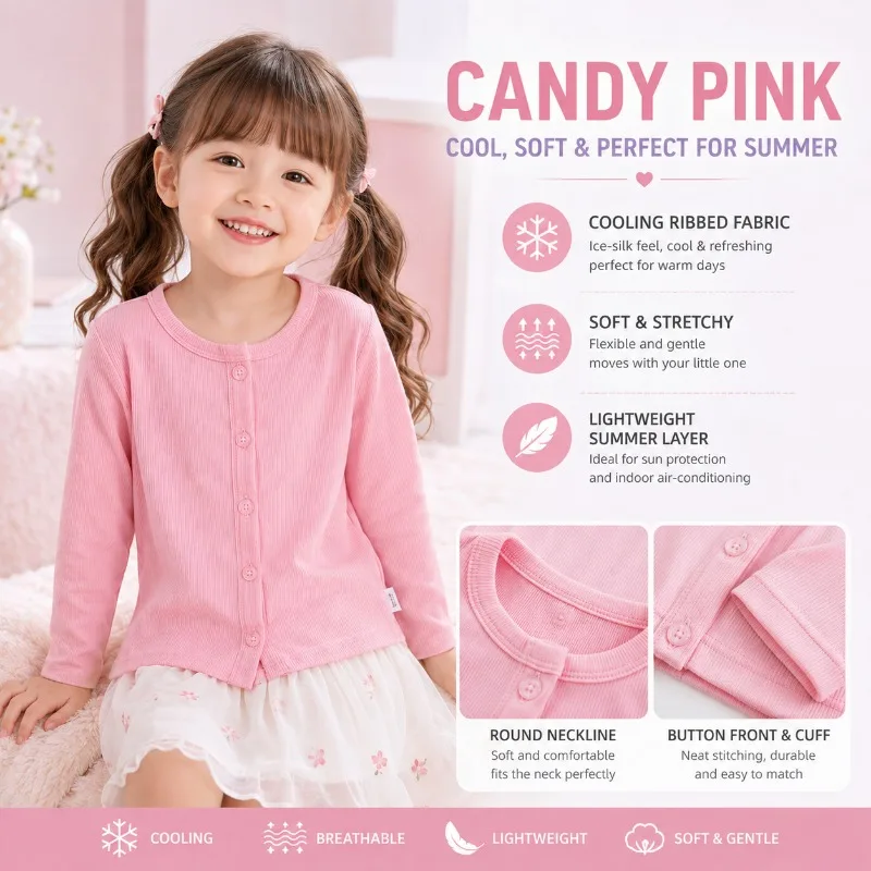 Girls Summer Ice Silk Cardigan Long Sleeve Lightweight Ribbed Button Top Baby Kids Thin Cover Up 80-130cm