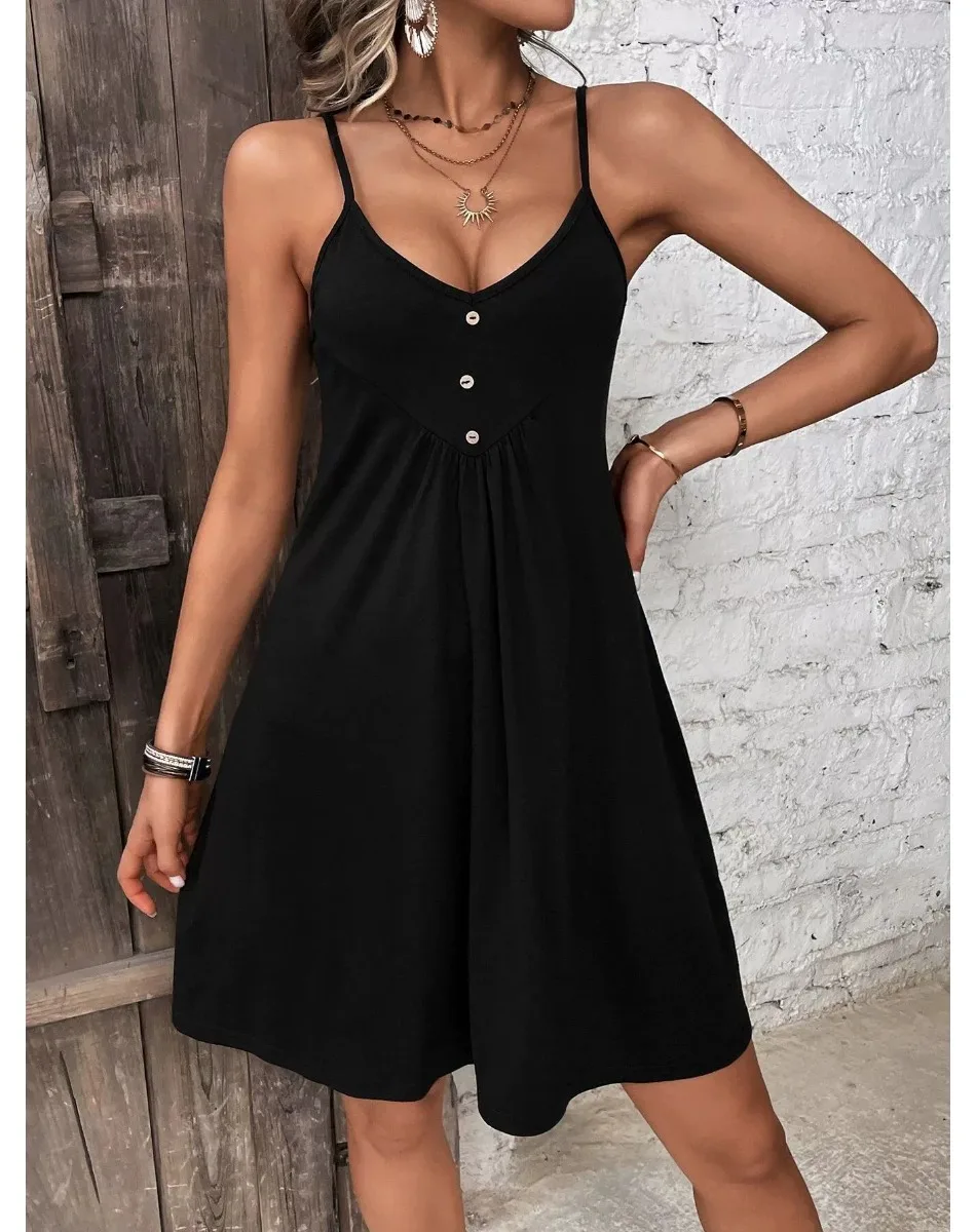 High-waisted sleeveless buttoned patchwork skirt solid color suspender sexy V-neck short skirt for women