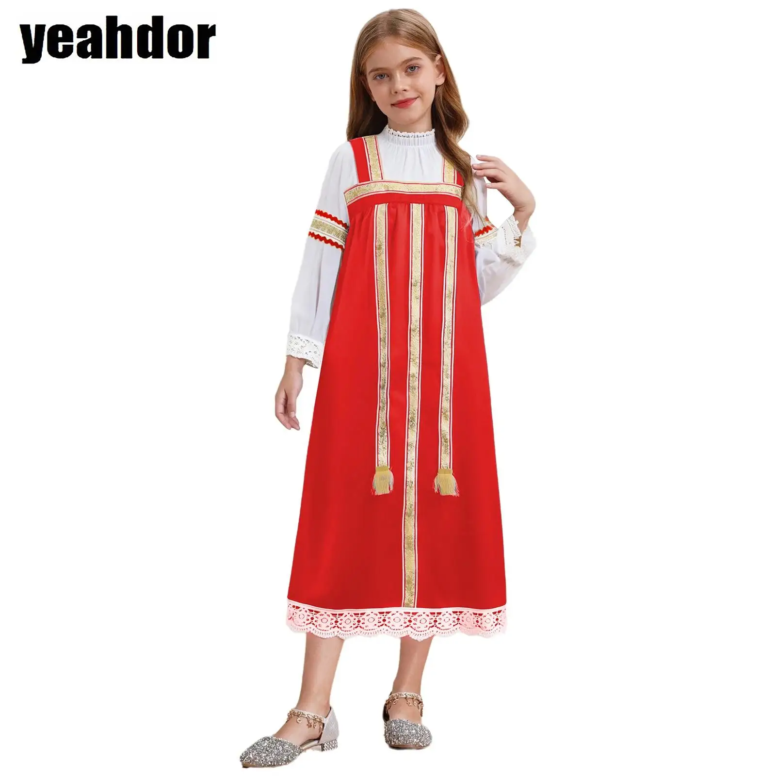 Traje tradicional ruso para niñas, camisa de manga larga con bordado de flores, vestido Maxi tipo camisola, vestido elegante folclórico ruso, ropa étnica
