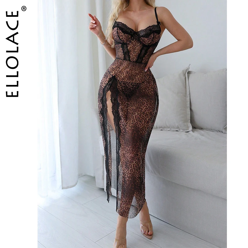 

Ellolace Sexy Womens Dresses Seductive Leopard See Through Split Long Dress 2PC Set Elegant Lace Summer Female Clothing