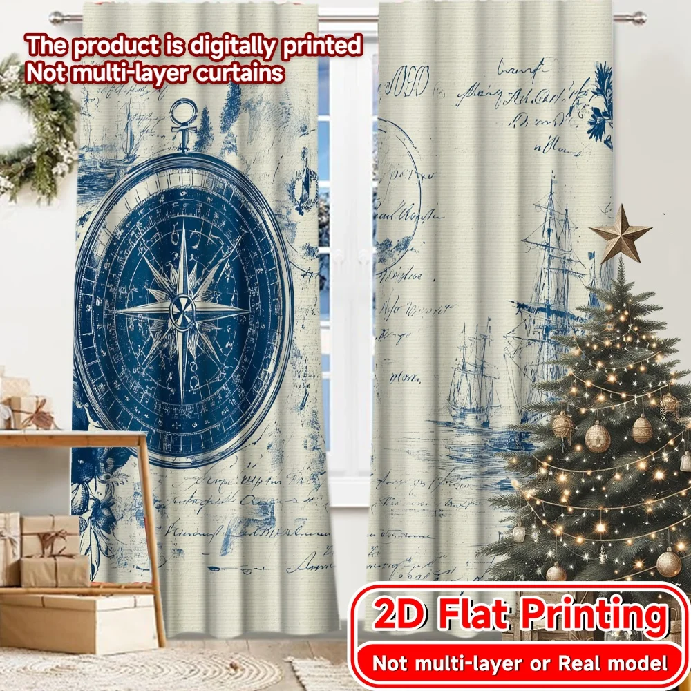2D FLAT PRINTING 2pcs Curtains (Without Rod) Nautical Ships and Compass Design Modern Fashionable Curtainments during the
