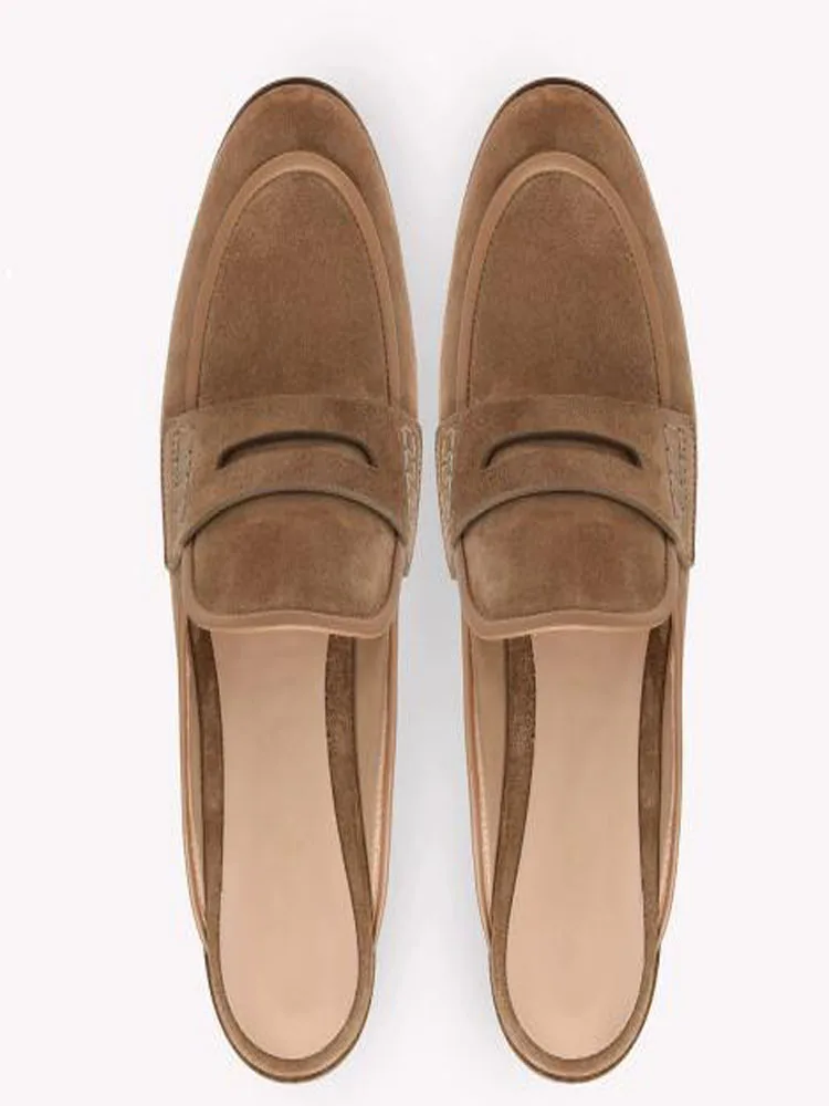 New Tan Suede Black Leather Round Toe Flat Half Slippers Mules Woman Outdoor Leisure Slip On Flat Shoes Loafers Drop Shipping
