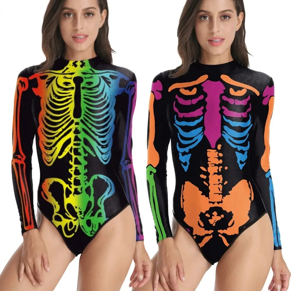 [Teanoon] Halloween Carnival Party Cosplay Women Swimsuit Zombie Skeleton Printed Zeitai Bodysuits Day of The Dead