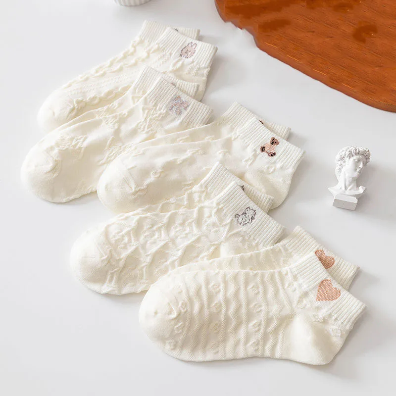 Chaussettes blanches en pur coton pour femmes, 5 paires/lot, été, haute qualité, mignon, fin, solide, document, dentelle, instituts, dessin animé, animal, Meias, EUR 35-39