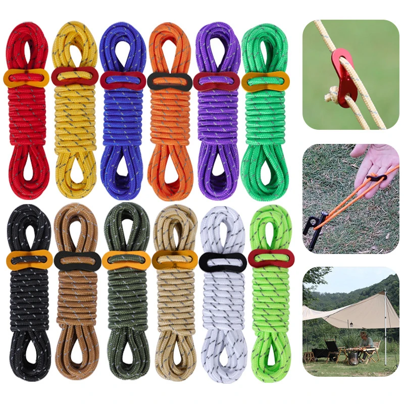 4mm Outdoor Tent Guyline Ropes 4M Reflective Camping Guy Lines with Adjuster Tensioner Camping Accessories for Tarp Canopy