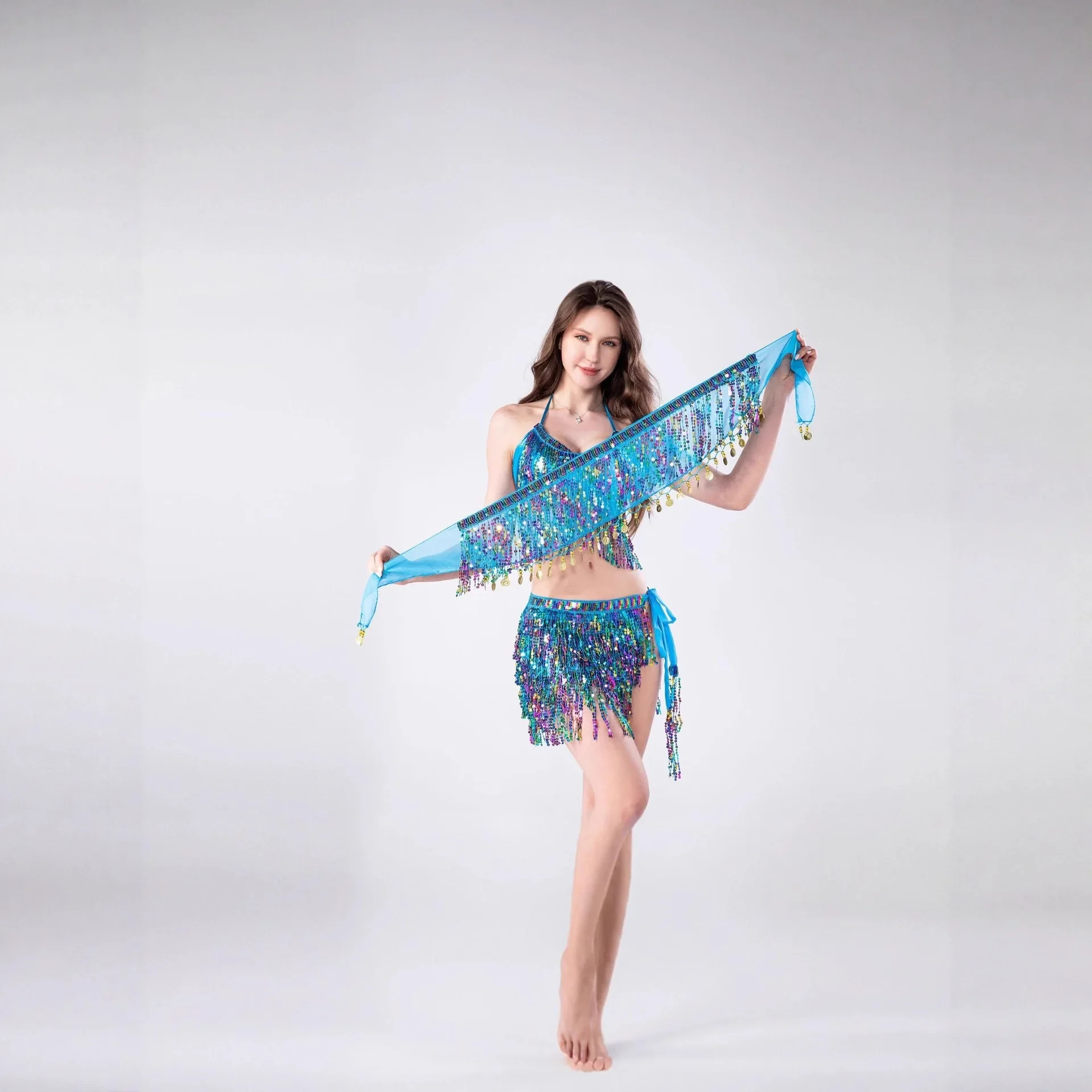 Cadena de cintura para danza del vientre, nuevo estilo de Halloween, toalla para el trasero de danza india, cadena de cintura con flecos de lentejuelas y borlas de rendimiento bohemio