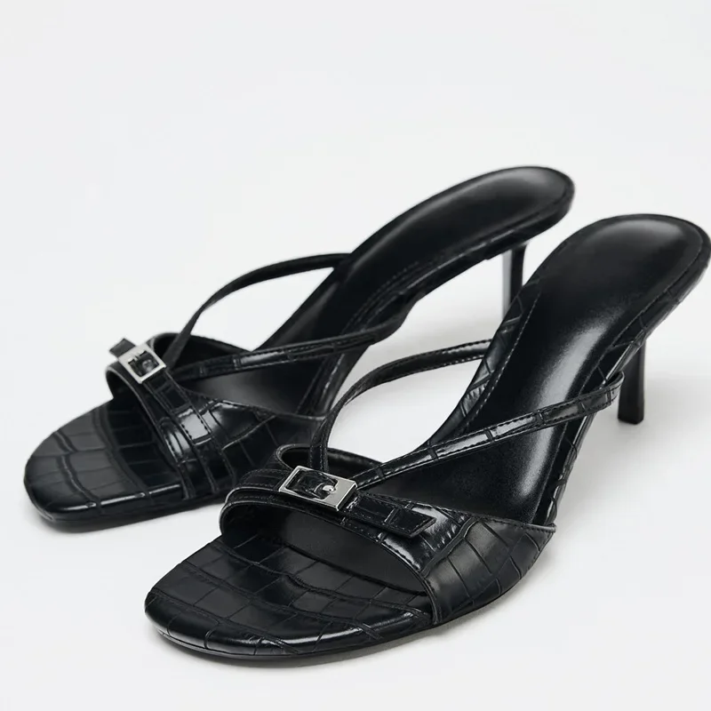 

Sexy Open-toe Slippers Women Fashion Round Toe Metal Buckle Decoration Slide Sandals Elegant Party Dress Shoes Zapatos De Mujer